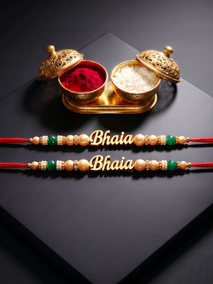 Lucky Jewellery Set of 2 Gold Bhaia Rakhi with Green Beads, Roli, Chawal & Card (62-CHR1-1965-2-2026)