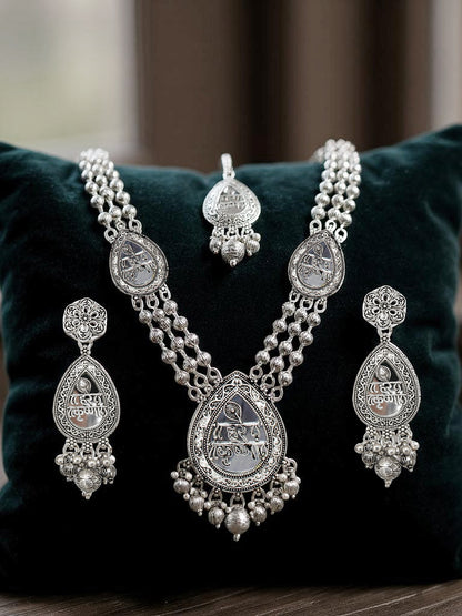 Oxidised Silver Plating Hare Krishna Temple Jewellery Necklace Set for Women & Girls