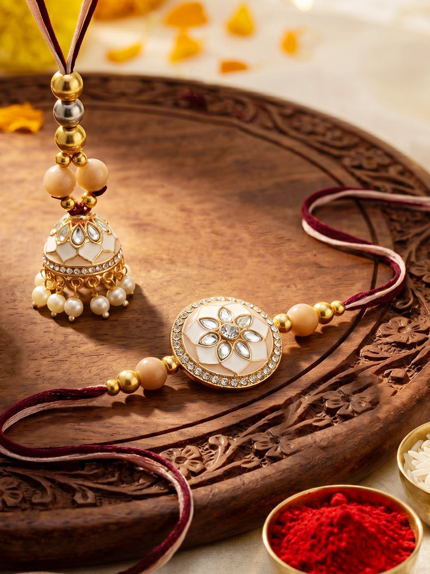Set of 2 Beige & White Kundan Bhaiya Bhabhi Rakhi Set, Floral Enamel Jhumki Lumba with Beads (325-CHCR1-1152-W-2-2026)