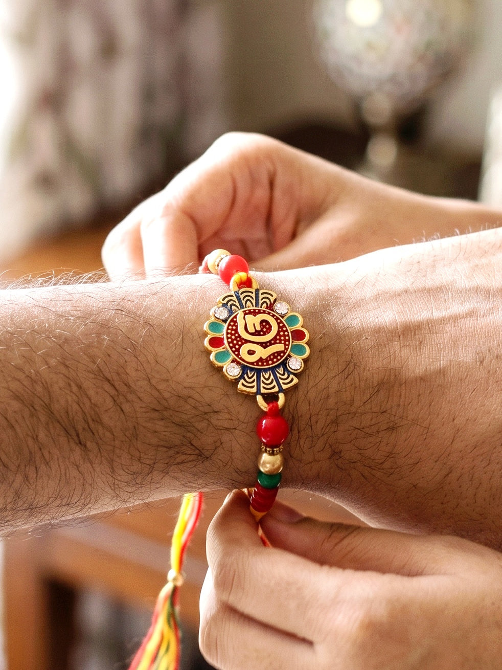 Ek Onkar Spiritual Sikh Rakhi For Brother | Punjabi Beaded Rakhi Set, Roli Chawal & Greeting Card (102-S5R1-PR1360)