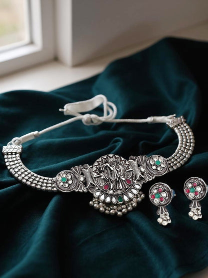 Oxidised Silver Radha Krishna Temple Jewellery Choker Set for Women & Girls