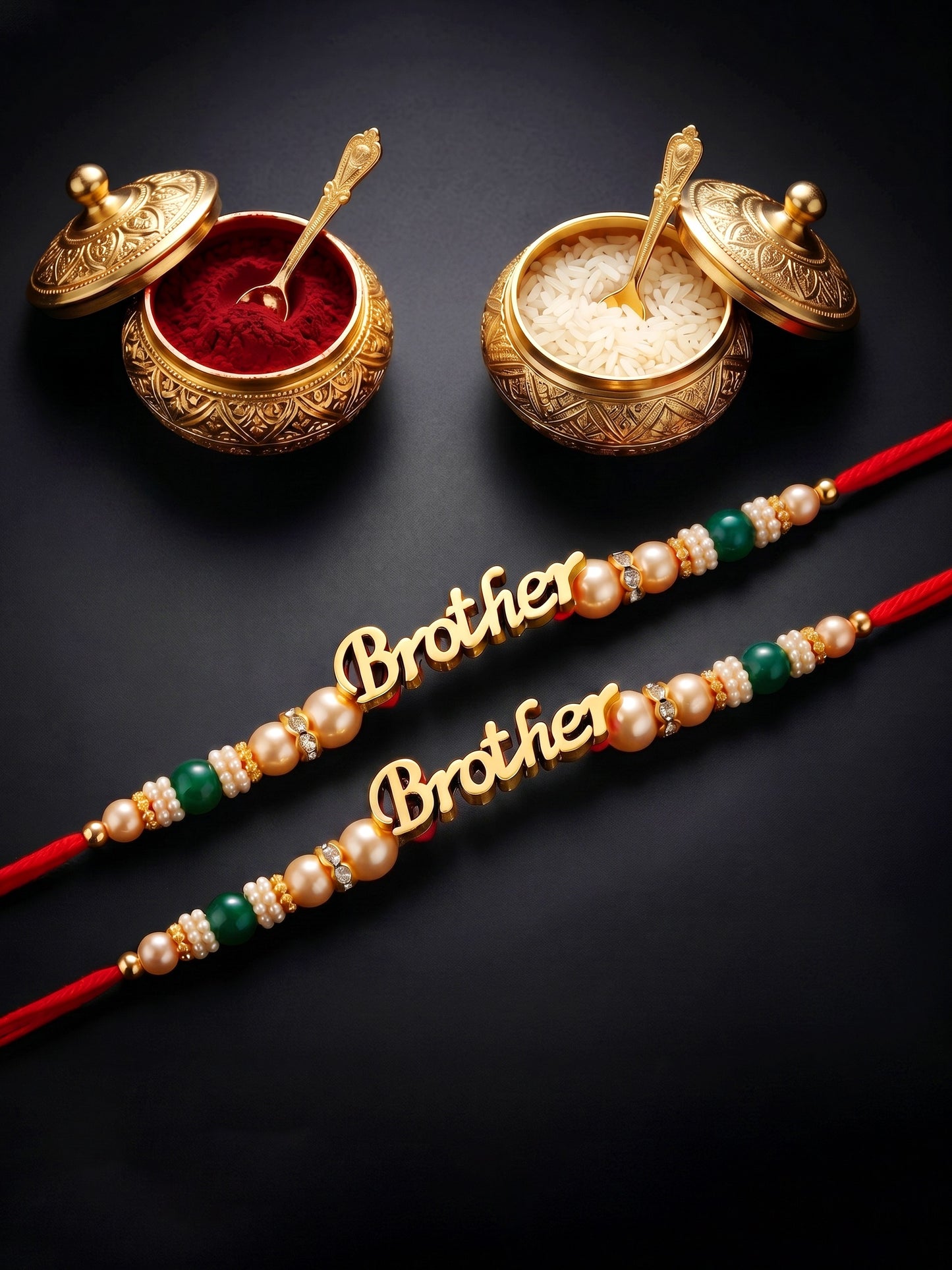 Set of 4 Gold Brother Text Rakhi with Green Beads, Roli Chawal & Card (102-CHR1-1964-4-2026)