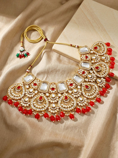 Bridal AD Red Stone Heavy Choker Jewellery Set with Sheesh Patti, Nath & Jhumka (3300-M8ZK-1106-RED)