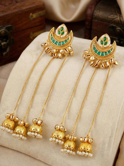 LUCKY JEWELLERY Gold-Plated Kashmiri Earrings with Green Stone, Triple Chain Layer & Triple Jhumka Drops | Chandbali Style Earring Set for Girls & Women | Wedding, Festival & Gift Wear