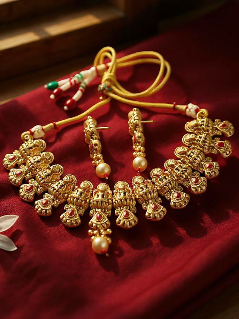 Gold Plated Temple Jewellery Goddess Lakshmi Design Necklace with Earrings
