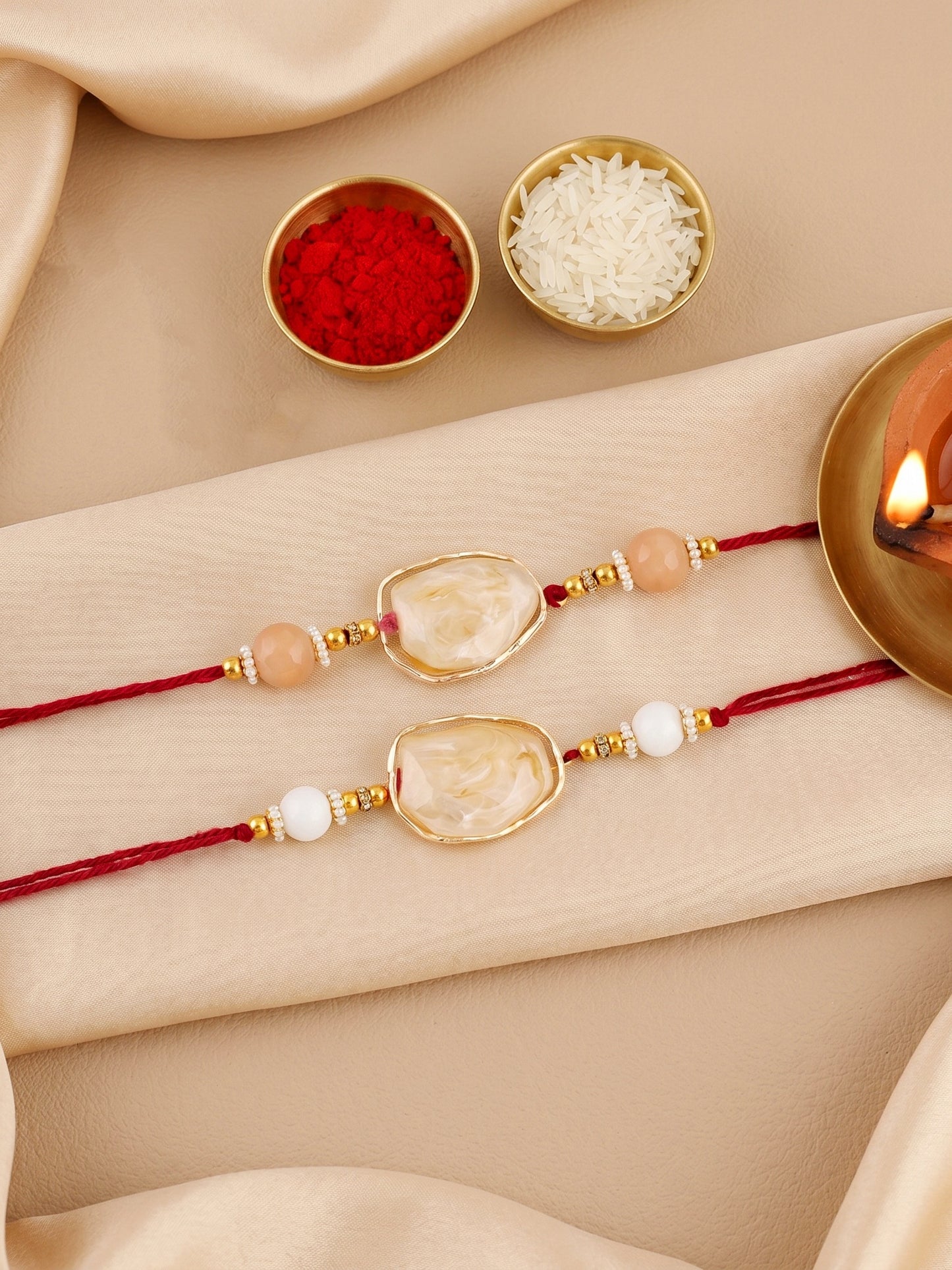 Designer Rakhi Set of 2 for Brothers. Elegant Faux Stone Centerpiece with Beads, Roli, Chawal (240-CHR1-1244-2-2026)