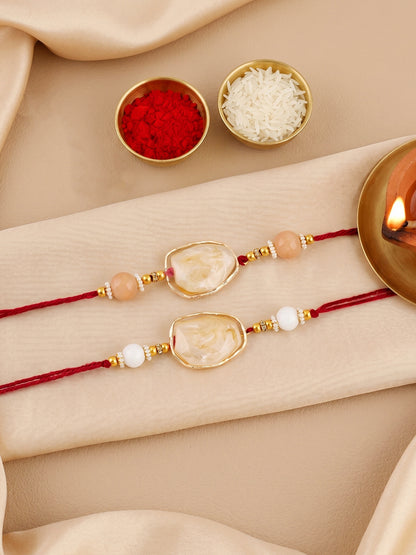 Designer Rakhi Set of 2 for Brothers. Elegant Faux Stone Centerpiece with Beads, Roli, Chawal (240-CHR1-1244-2-2026)