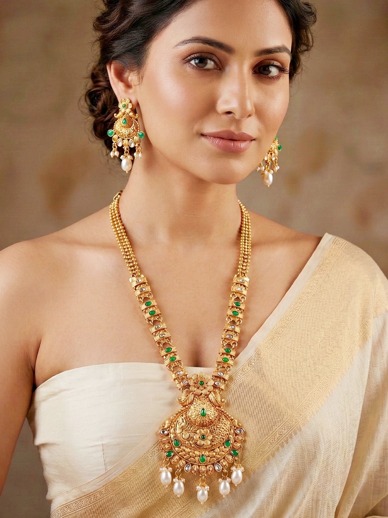 Lucky Jewellery Gold-Plated Green Color Long Necklace Set (660-G2SR-203-G)