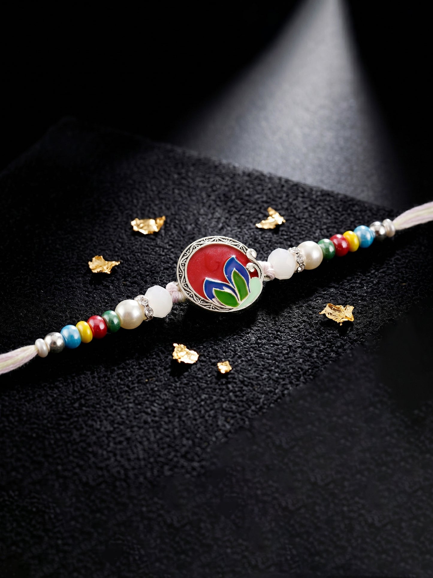 Traditional Meenakari Floral Rakhi For Brother | Silver-Finish Red & Maroon Enamel Beaded Rakhi Set (132-S5R1-AR2772)