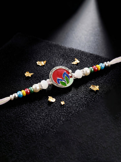 Traditional Meenakari Floral Rakhi For Brother | Silver-Finish Red & Maroon Enamel Beaded Rakhi Set (132-S5R1-AR2772)