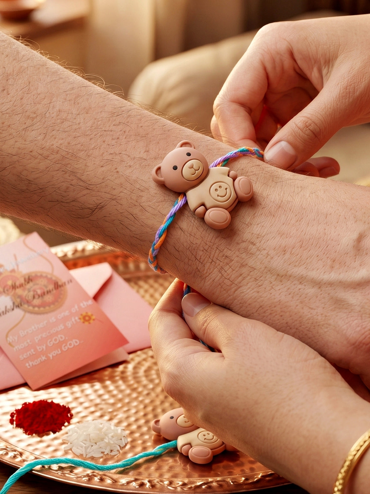Set of 2 Cute Teddy Bear Kids Rakhi with Colorful Thread, Roli Chawal & Card (80-CHR1-1949-2-2026)