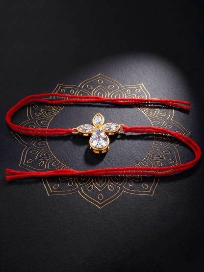 LUCKY JEWELLERY Traditional Rakhi for Brother/Bhaiya – Gold Plated Red Thread Rakshabandhan Rakhie in White Stones for Bhai/Bhabhi (Pack of 1) – Fancy Rakhee Bracelet Rakshasutra (76-L1R1-06-W-1-2026)