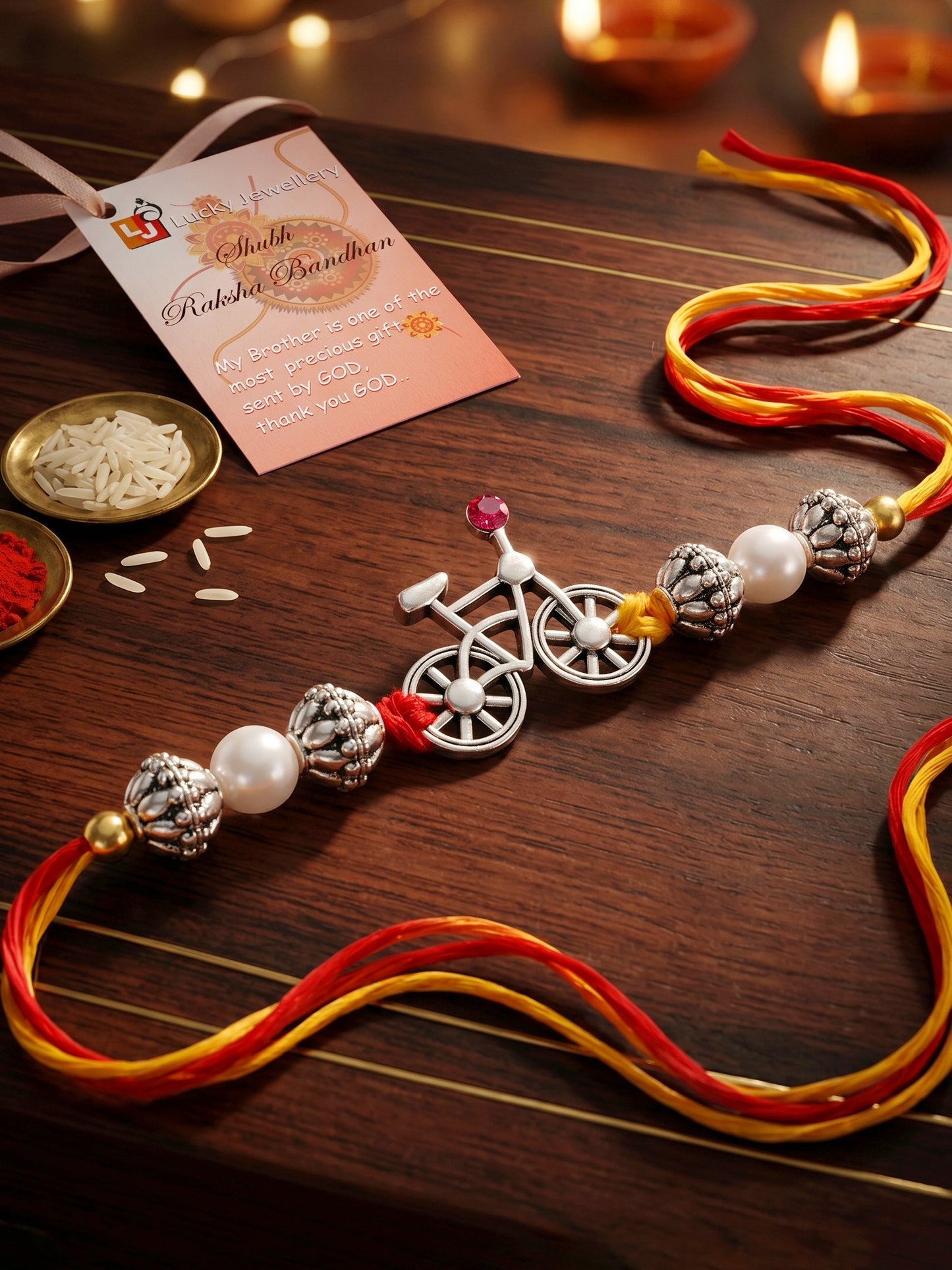 Lucky Jewellery Oxidised Silver Cycle Rakhi for Brother with Beads, Roli Chawal & Greeting Card Combo (36-JPR1-1954-S-1-2026)