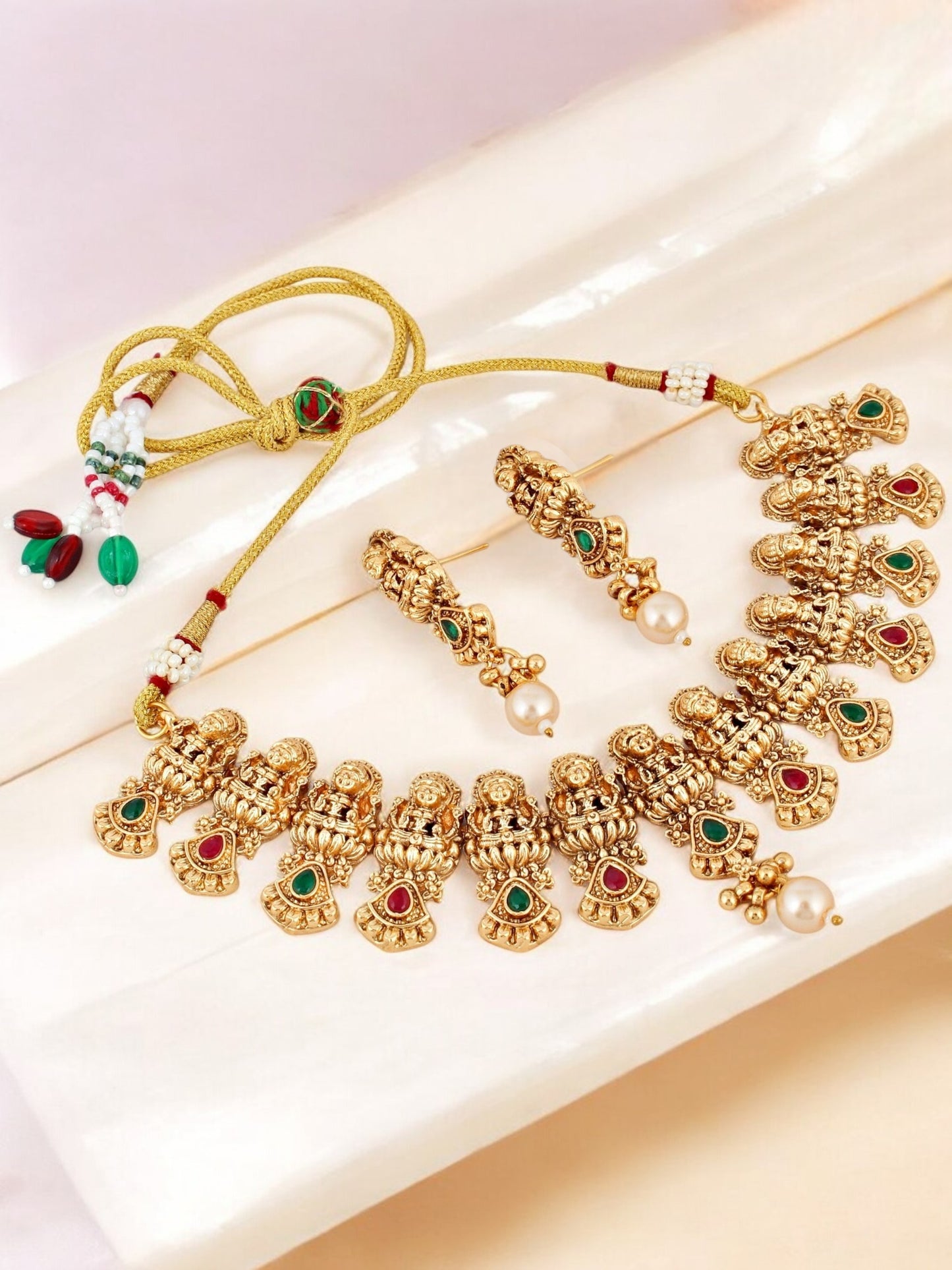 Gold Plated Temple Jewellery Goddess Lakshmi Design Necklace with Earrings