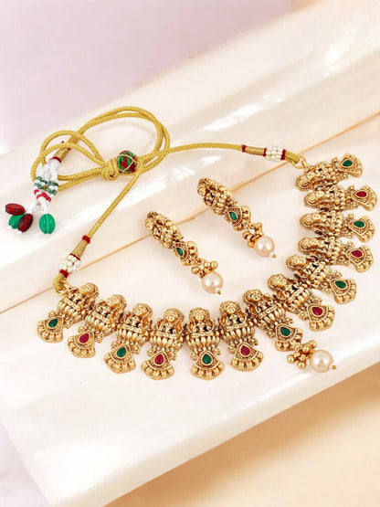 Gold Plated Temple Jewellery Goddess Lakshmi Design Necklace with Earrings