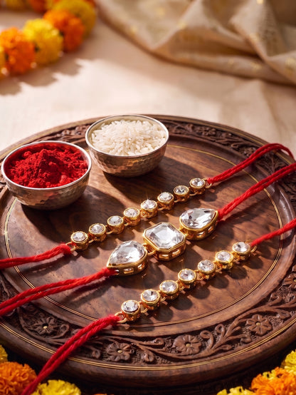 LUCKY JEWELLERY Traditional Rakhi for Brother/Bhaiya – Gold Plated Red Thread Rakshabandhan Rakhie White Stones for Bhai/Bhabhi (Pack of 3) – Fancy Rakhee Bracelet Rakshasutra (159-L1R1-08-W-3-2026)