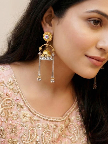 LUCKY JEWELLERY Antique Gold Finish Traditional Earrings with Long Chain Tassels Earrings For Girls & Women |Kashmiri Jhumka with Magenta Stone Earing Set |Birthday Gift Valentine Anniversary Gift