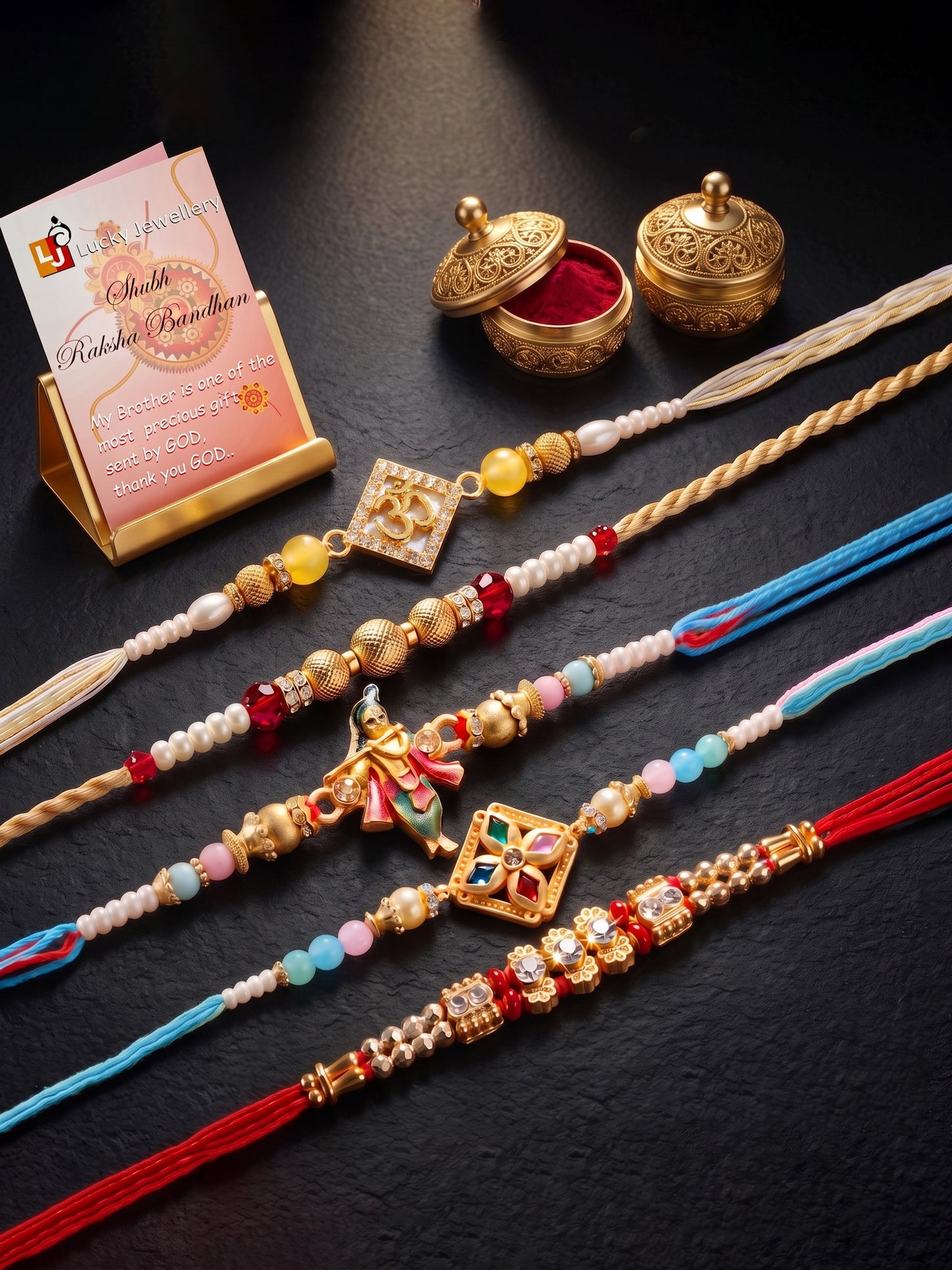 Lucky Jewellery Set of 5 Designer Beaded Rakhi for Brother | Golden Om & Krishna Raksha Bandhan Combo with Roli, Chawal & Card (259-S7R1-2320-5)