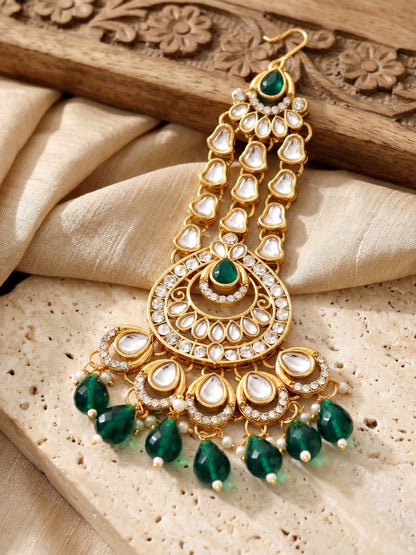 Bridal AD Green Stone Heavy Choker Jewellery Set with Sheesh Patti, Nath & Jhumka (3300-M8ZK-1106-G)