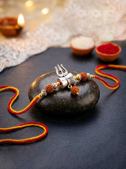 Oxidised Silver Shiva Trishul Rakhi for Bhai with Golden Beads, Roli, Chawal & Card (78-JPR1-1972-S-1-2026)