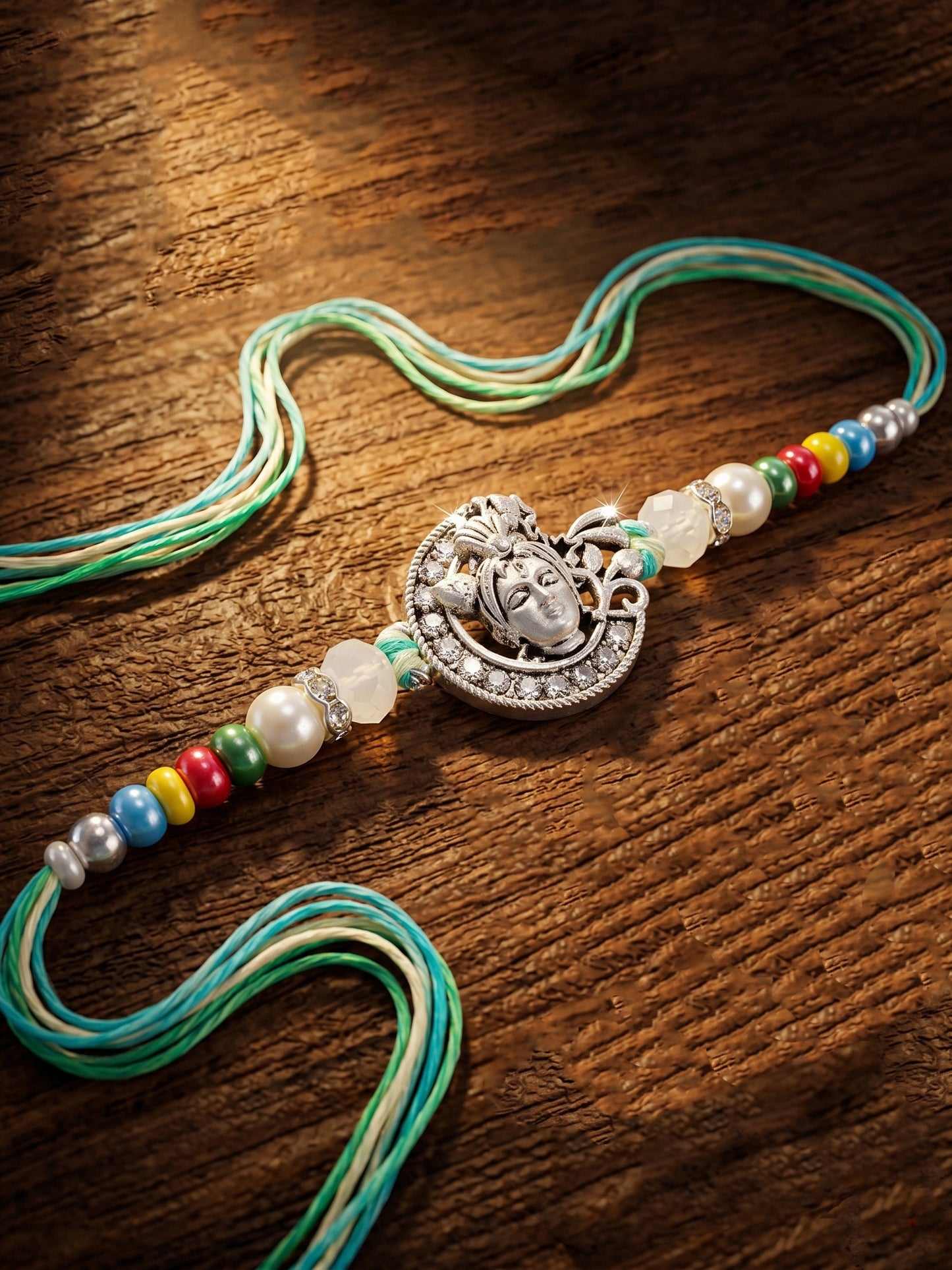 Silver-Tone Bal Gopal Krishna Rakhi for Brother | Beaded Rakhi Set With Roli Chawal & Greeting Card (102-S5R1-AR3007)