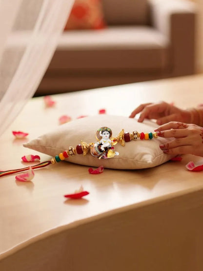 Gold Plated Little Krishna Kids Rakhi - Rakshabandhan Religious Rakhee for Bhaiya/Bhabhi - Pack of 1