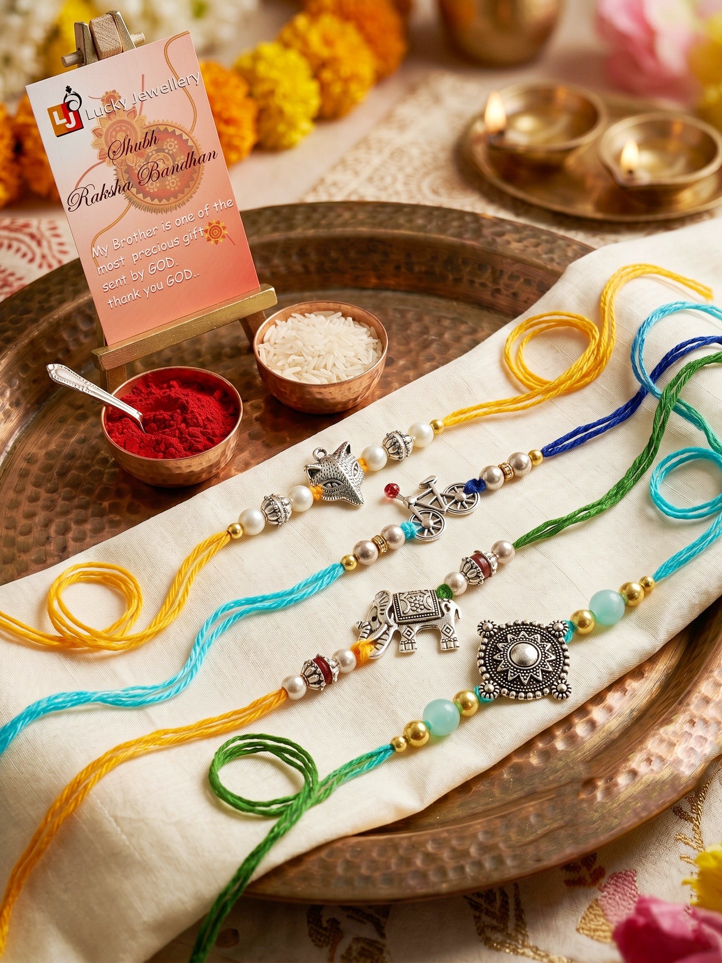 Set of 4 Animal & Cycle Rakhi for Kids with Multi & White Beads, Roli Chawal & Card (122-JPR1-1983-S-4-2026)