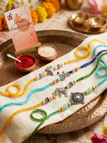 Set of 4 Animal & Cycle Rakhi for Kids with Multi & White Beads, Roli Chawal & Card (122-JPR1-1983-S-4-2026)