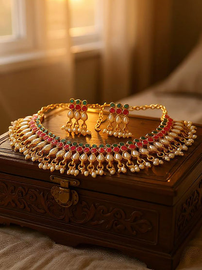 Gold Plated Beaded Choker Necklace Set with Earrings for Women and Girls