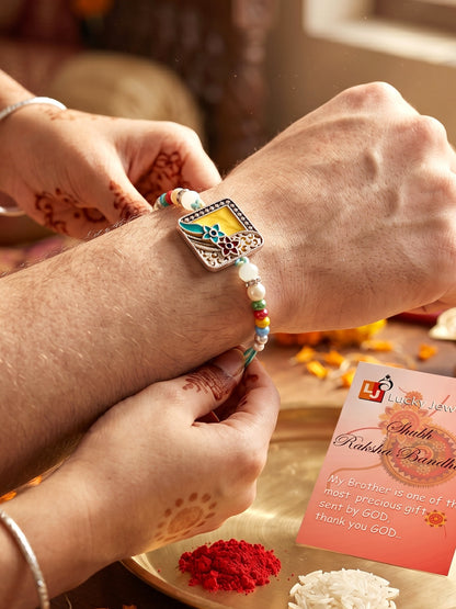 Traditional Meenakari Floral Rakhi For Brother | Silver-Finish Square Yellow Enamel Beaded Set Card (132-S5R1-AR2775)
