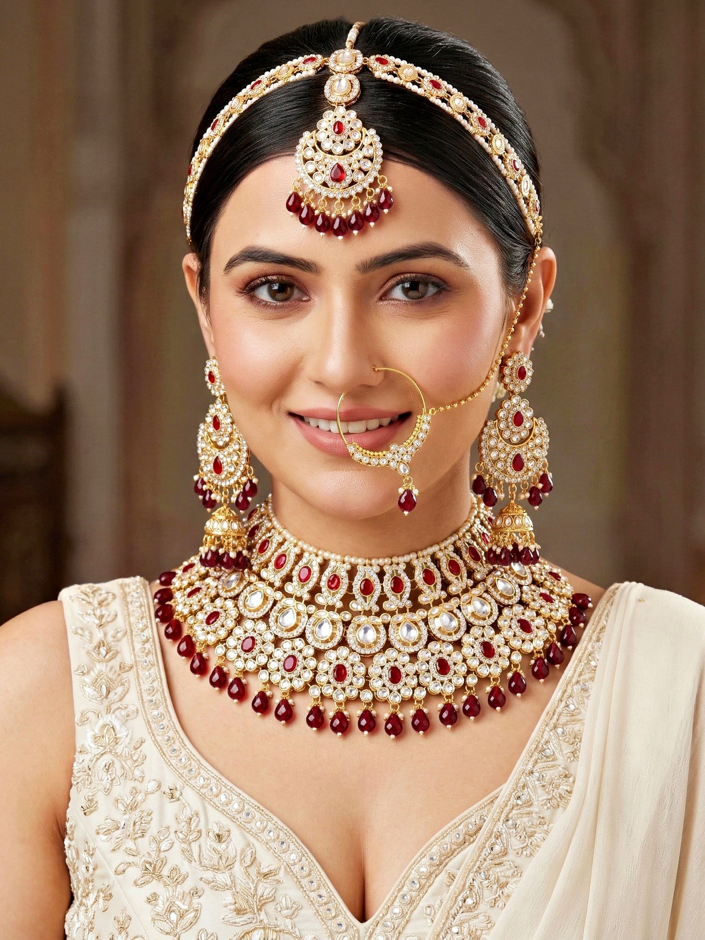 Bridal AD Maroon Stone Heavy Choker Jewellery Set with Sheesh Patti, Nath & Jhumka (3300-M8ZK-1104-M)