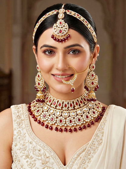 Bridal AD Maroon Stone Heavy Choker Jewellery Set with Sheesh Patti, Nath & Jhumka (3300-M8ZK-1104-M)