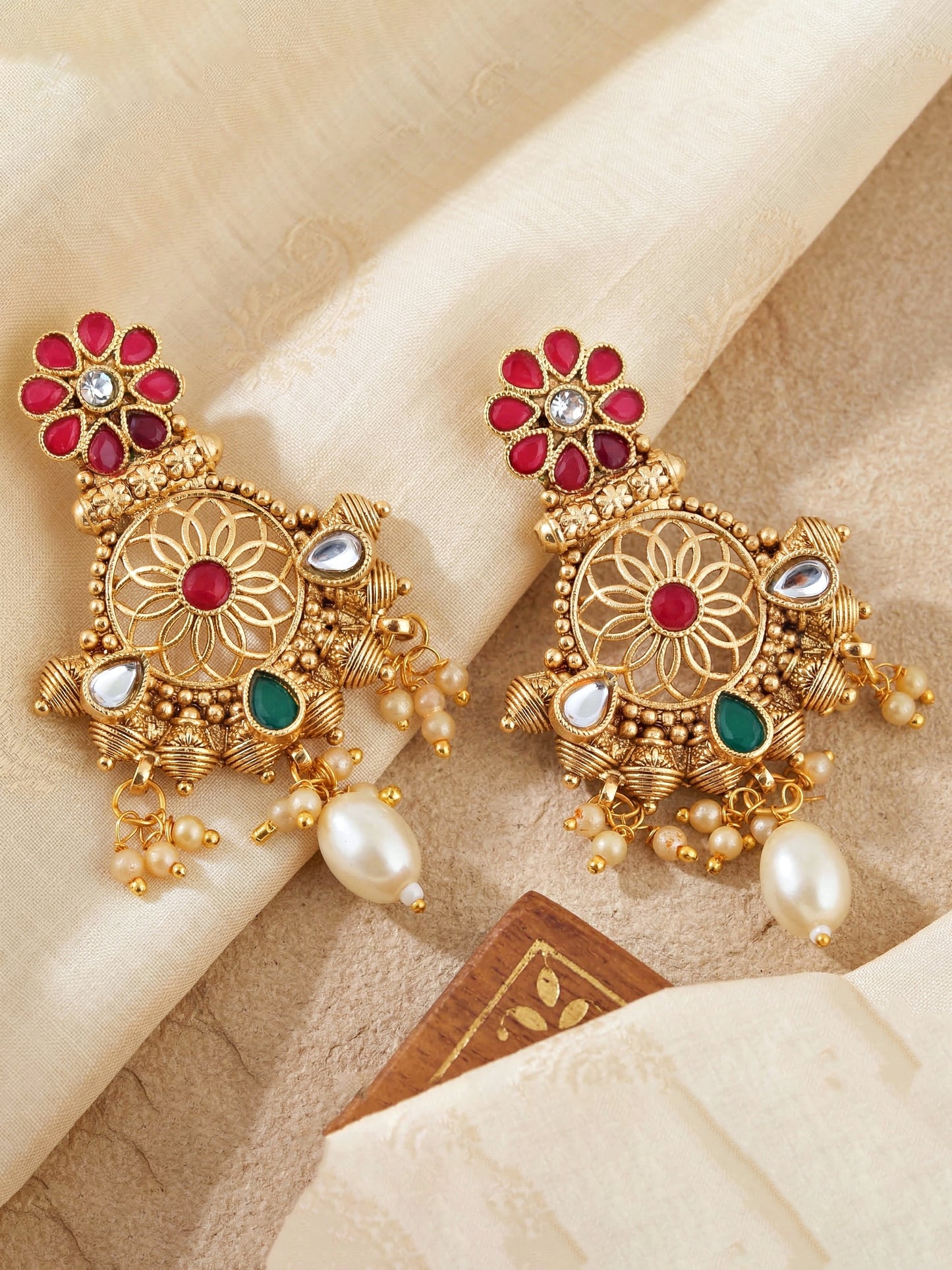 Lucky Jewellery Gold-Plated Ruby & Green Color Long Necklace Set (750-G2SR-204-RG)
