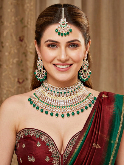 Rose Gold Plated AD Green Stone & Pearl Bridal Choker Jewellery Set with Maang Tikka (974-B5SP-007-G)