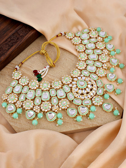 Bridal Kundan Mint Green Choker Jewellery Set with Hathphool & Nath (2541-IZK-554-MNT)