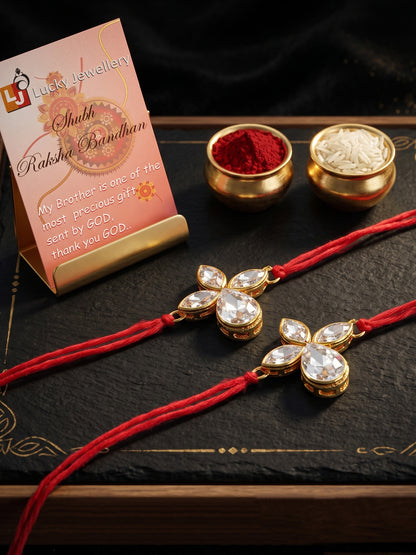 LUCKY JEWELLERY Traditional Rakhi for Brother/Bhaiya – Gold Plated Red Thread Rakshabandhan Rakhie White Stones for Bhai/Bhabhi (Pack of 2) – Fancy Rakhee Bracelet Rakshasutra (152-L1R1-06-W-2-2026)