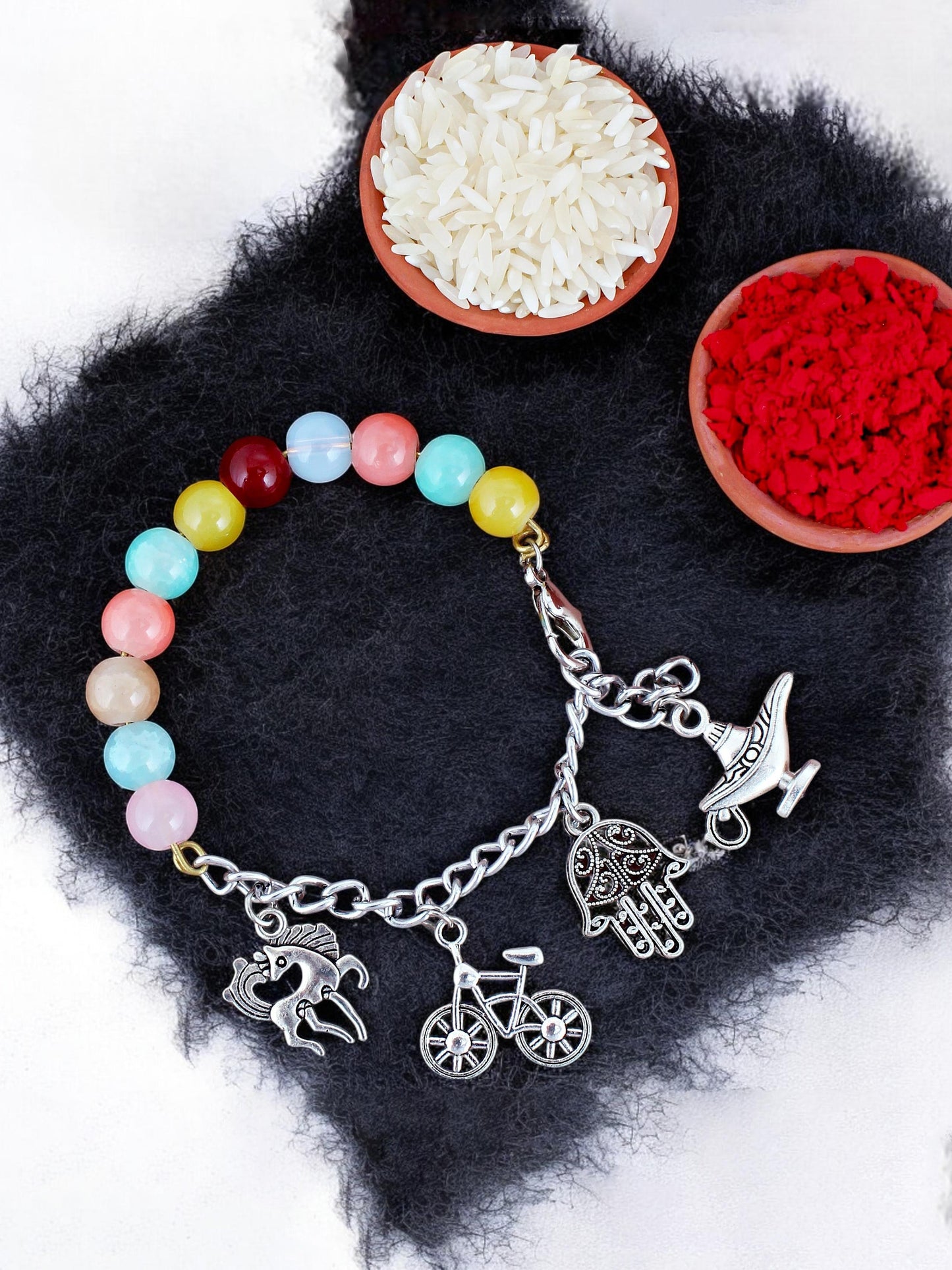 Lucky Jewellery Designer Oxidised Silver Charm Rakhi - Rakshabandhan Multi Color Beads Rakhee Pearl Lumba Bracelet for Brother/Bhaiya/Bhai/Bhabhi - Pack of 1 (158-N4B2O-1991-MT)