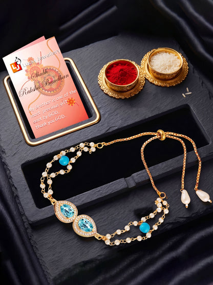 Adjustable Rakhi Bracelet with Blue drop AD Pendant, Turquoise & Beads,Roli Chawal & Card (233-CHB2-1279-F-2026)