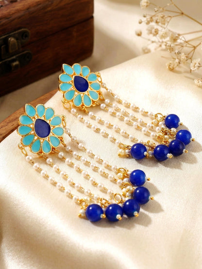 Gold-Plated Enamel Floral Long Earrings with Moti Layers and Blue Beads Earring For Girls & Women (354-KEO-13113-FB)