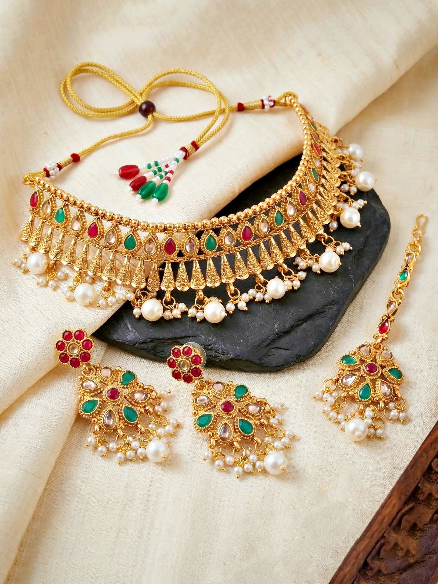 Lucky Jewellery Gold-Plated Ruby & Green Color Choker Set with Maang Tikka (750-G2SR-004-RG)