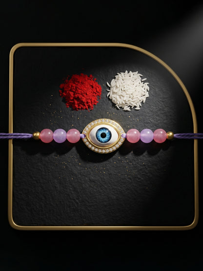 Evil Eye Rakhi for Brother. Protective Charm with Pastel Beads, Roli, Chawal & Card (265-CHR1-1191-P-1-2026)