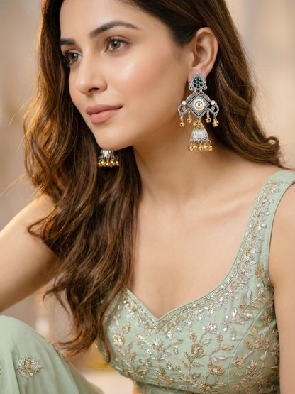 LUCKY JEWELLERY Traditional Dual Tone Oxidized Silver Jhumka Earrings with Green Stone & Golden Ghungroo | Kashmiri Style Jhumki Earrings for Girls & Women | Festive & Gift Wear