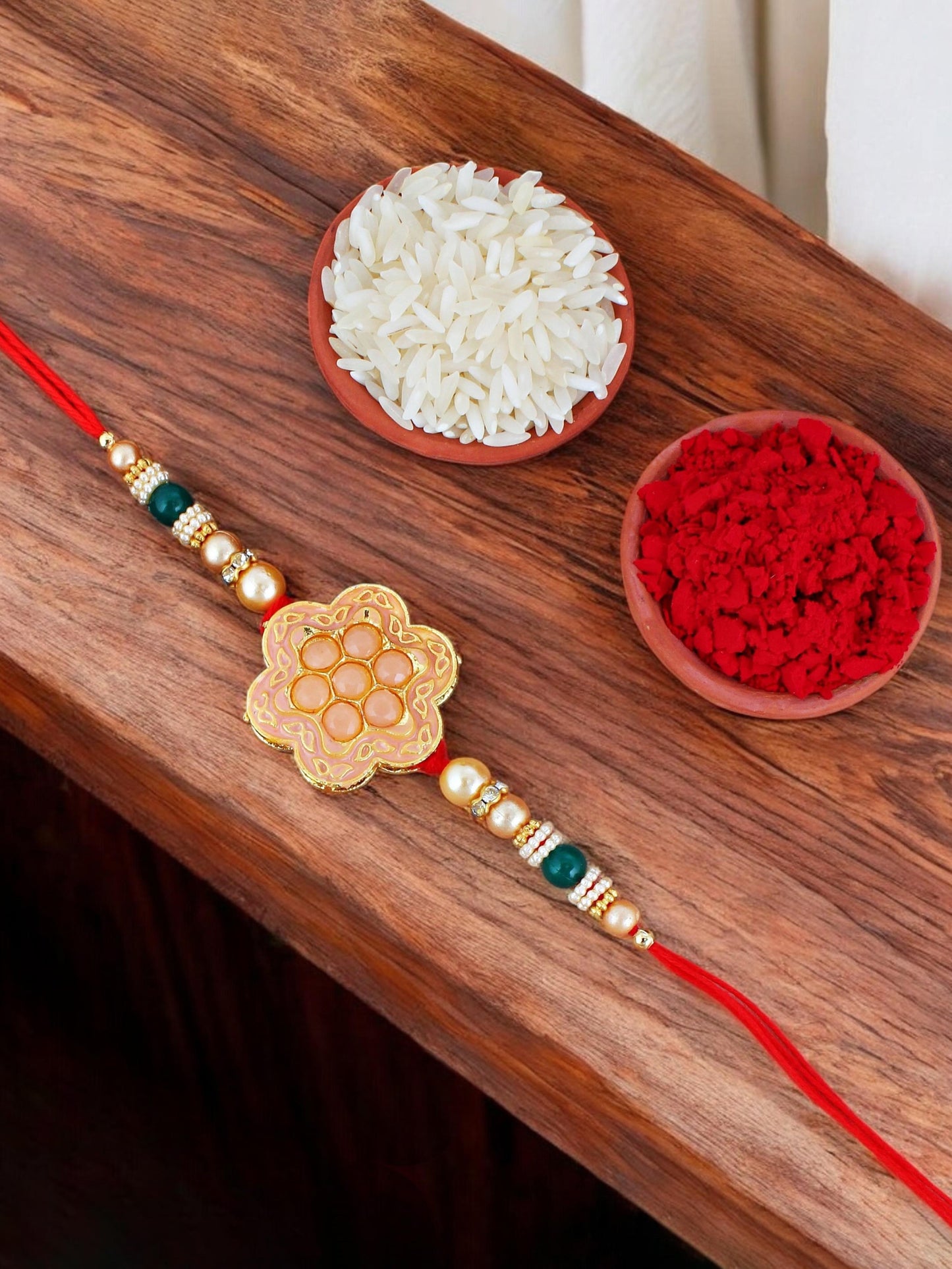 Lucky Jewellery Designer Peach Color Meena Rakhi - Rakshabandhan Rakhee with Pearl Lumba Bracelet for Brother/Bhaiya/Bhai/Bhabhi - Pack of 2 (130-JPCR1-1857-PH-2)