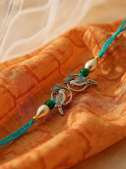 Lucky Jewellery Designer Oxidised Silver Birds Design Rakhi - Rakshabandhan Rakhee with Lumba Bracelet for Brother/Bhaiya/Bhai/Bhabhi - Pack of 2 (108-JPCR1-1952-S-2)