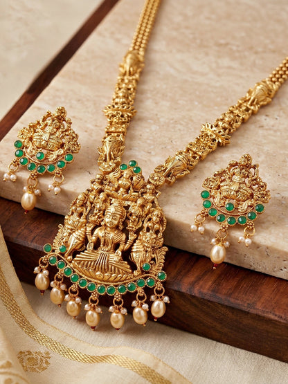 Lucky Jewellery Gold-Plated Laxmi Idol Temple Necklace Set (660-G2SR-196-G)