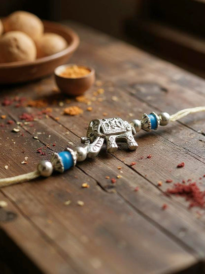 Lucky Jewellery Designer Oxidised Silver Elephant Design Rakhi - Rakshabandhan Rakhee Bracelet for Brother/Bhaiya/Bhai/Bhabhi - Pack of 2 (78-JPR1-1961-S-2)