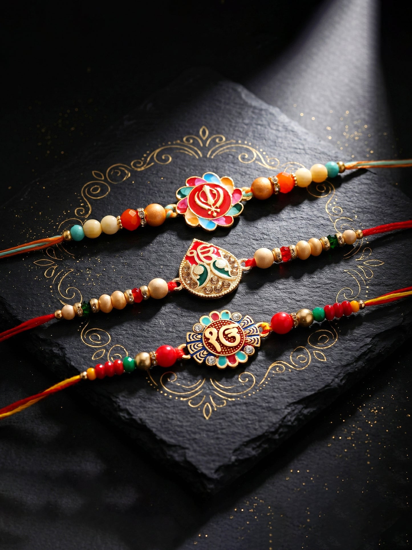 Lucky Jewellery Set of 3 Khanda & Ek Onkar Rakhi for Brother | Sikh Religious Beaded Raksha Bandhan Thread Combo with Roli, Chawal & Card (306-S5R1-2309-3)