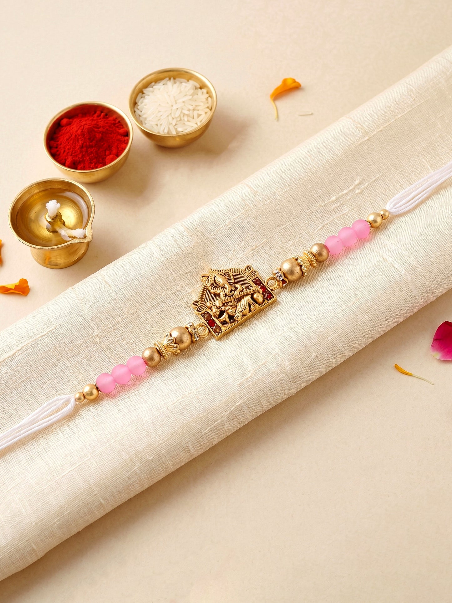 Designer Lord Ganesha Rakhi with Roli Chawal and Greeting Card | Antique Gold Beads Set For Brothers (94-S7R1-EA3601)