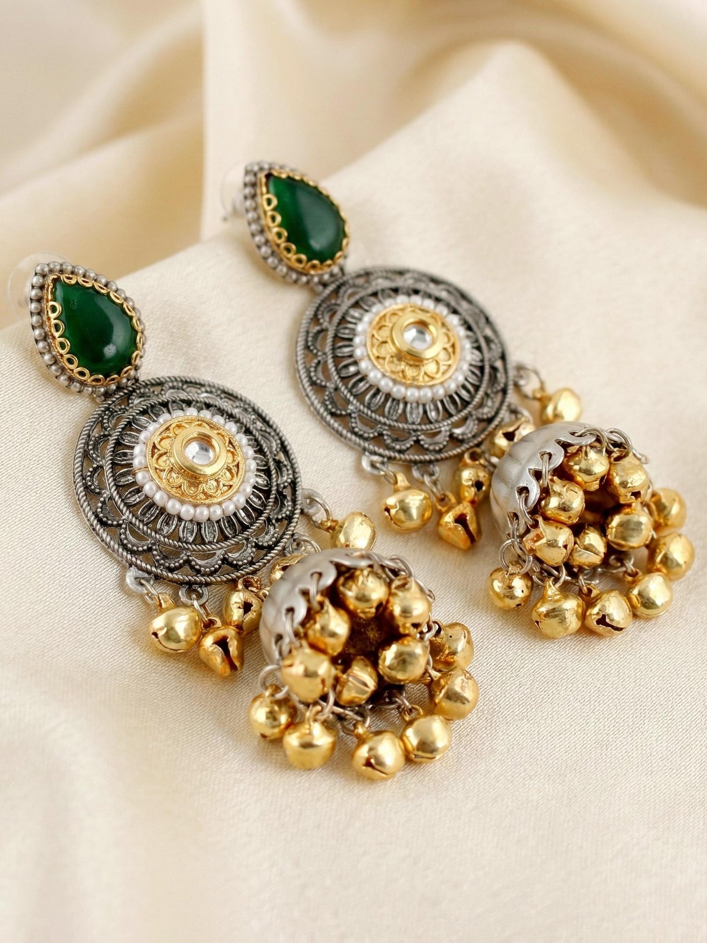 LUCKY JEWELLERY Dual Tone Oxidized Silver Jhumka Earrings with Green Stone & Golden Ghungroo | Kashmiri Style Traditional Jhumki Earrings for Girls & Women | Festive & Gift Wear
