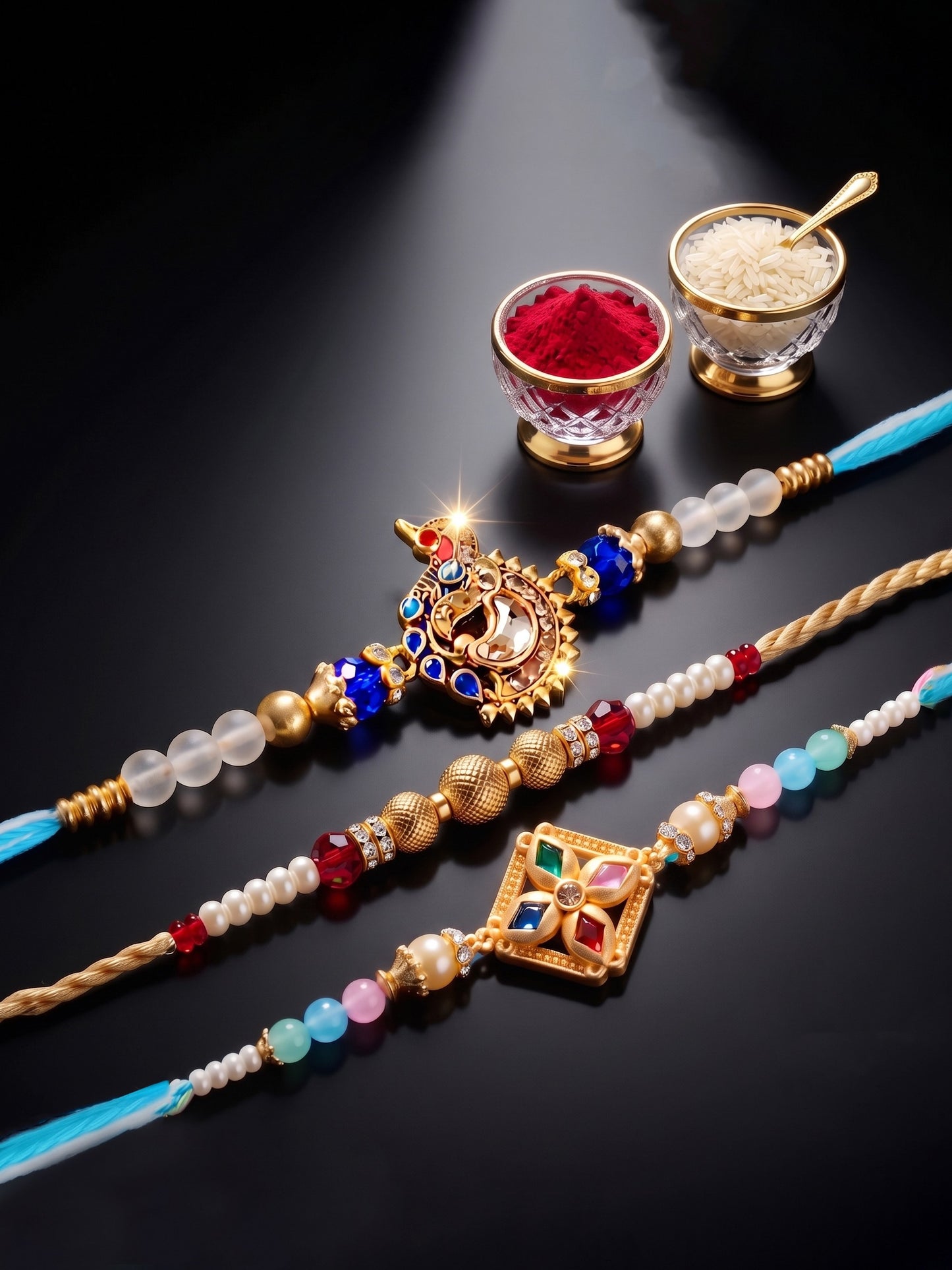 Lucky Jewellery Set of 3 Rakhi with Peacock & Square AD Pendants, Smooth White Beads, Roli Chawal & Card (142-S7R1-2318-3)